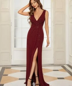 Ever-Pretty US SHOP BY OCCASION Floor Length V Neck Shiny Evening Dress With Side Split