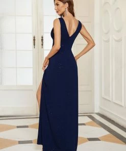Ever-Pretty US SHOP BY OCCASION Floor Length V Neck Shiny Evening Dress With Side Split