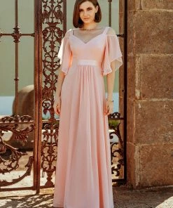 Ever-Pretty US Elegant Cold Shoulder Flutter Sleeves Flowy Bridesmaid Dress