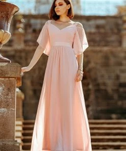 Ever-Pretty US Elegant Cold Shoulder Flutter Sleeves Flowy Bridesmaid Dress