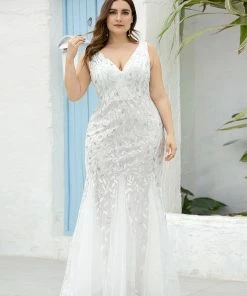 Ever-Pretty US Summer Dresses 2022 Double V-Neck Sequin Outdoor Mermaid Wedding Dress