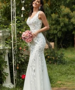Ever-Pretty US Summer Dresses 2022 Double V-Neck Sequin Outdoor Mermaid Wedding Dress