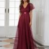 Ever-Pretty US Double V-Neck Floor-Length Short Sleeve Tulle Bridesmaid Dresses