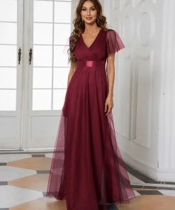 Ever-Pretty US Custom Size Double V-Neck Floor-Length Short Sleeve Tulle Bridesmaid Dresses
