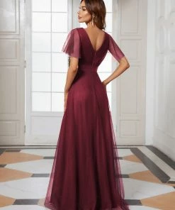 Ever-Pretty US Custom Size Double V-Neck Floor-Length Short Sleeve Tulle Bridesmaid Dresses