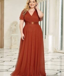 Ever-Pretty US Party Dresses Women's Floor-Length Plus Size Formal Bridesmaid Dress With Short Sleeve