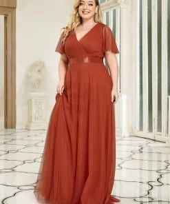 Ever-Pretty US Party Dresses Women's Floor-Length Plus Size Formal Bridesmaid Dress With Short Sleeve