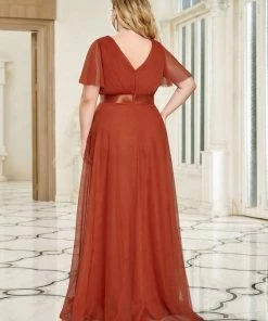 Ever-Pretty US Custom Size Double V-Neck Floor-Length Short Sleeve Tulle Bridesmaid Dresses