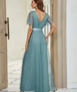 Ever-Pretty US Double V-Neck Floor-Length Short Sleeve Tulle Bridesmaid Dresses