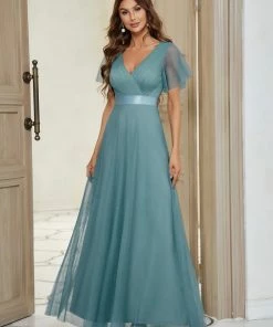 Ever-Pretty US Custom Size Double V-Neck Floor-Length Short Sleeve Tulle Bridesmaid Dresses