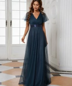 Ever-Pretty US Double V-Neck Floor-Length Short Sleeve Tulle Bridesmaid Dresses