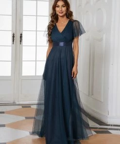 Ever-Pretty US Double V-Neck Floor-Length Short Sleeve Tulle Bridesmaid Dresses