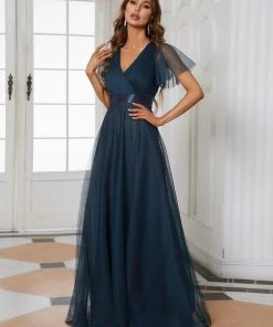 Ever-Pretty US Double V-Neck Floor-Length Short Sleeve Tulle Bridesmaid Dresses