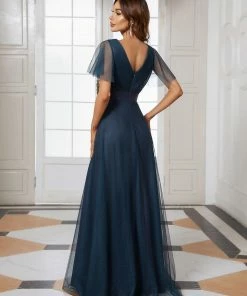 Ever-Pretty US Double V-Neck Floor-Length Short Sleeve Tulle Bridesmaid Dresses