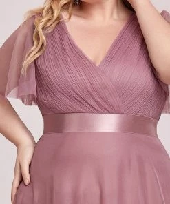 Ever-Pretty US Custom Size Double V-Neck Floor-Length Short Sleeve Tulle Bridesmaid Dresses