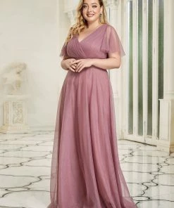 Ever-Pretty US V-Neck Floor-Length Short Sleeve Tulle Bridesmaid Dresses Party Dresses