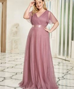 Ever-Pretty US Party Dresses Women's Floor-Length Plus Size Formal Bridesmaid Dress With Short Sleeve