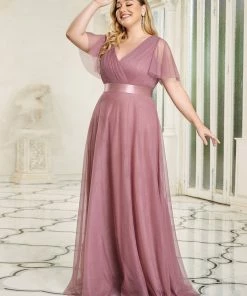 Ever-Pretty US Party Dresses Women's Floor-Length Plus Size Formal Bridesmaid Dress With Short Sleeve