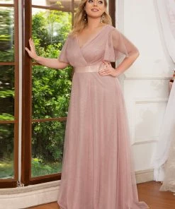 Ever-Pretty US Party Dresses Women's Floor-Length Plus Size Formal Bridesmaid Dress With Short Sleeve