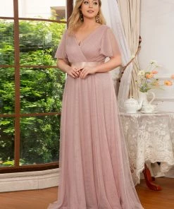 Ever-Pretty US Double V-Neck Floor-Length Short Sleeve Tulle Bridesmaid Dresses