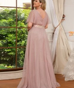 Ever-Pretty US Custom Size Double V-Neck Floor-Length Short Sleeve Tulle Bridesmaid Dresses