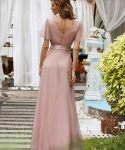 Ever-Pretty US Custom Size Double V-Neck Floor-Length Short Sleeve Tulle Bridesmaid Dresses