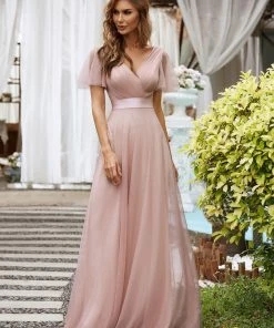 Ever-Pretty US Custom Size Double V-Neck Floor-Length Short Sleeve Tulle Bridesmaid Dresses