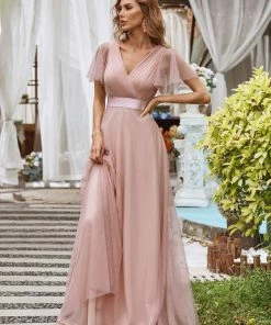 Ever-Pretty US Custom Size Double V-Neck Floor-Length Short Sleeve Tulle Bridesmaid Dresses
