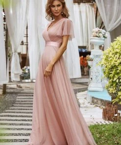Ever-Pretty US Double V-Neck Floor-Length Short Sleeve Tulle Bridesmaid Dresses