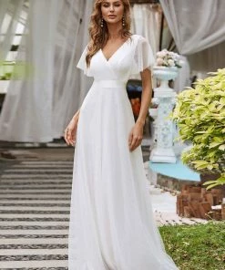 Ever-Pretty US Double V-Neck Floor-Length Short Sleeve Tulle Bridesmaid Dresses