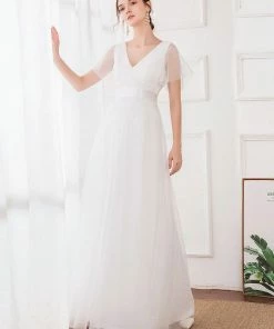 Ever-Pretty US Double V-Neck Floor-Length Short Sleeve Tulle Bridesmaid Dresses