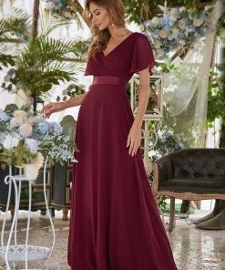 Ever-Pretty US Long Chiffon Empire Waist Bridesmaid Dress With Short Flutter Sleeves Evening Dresses & Gowns