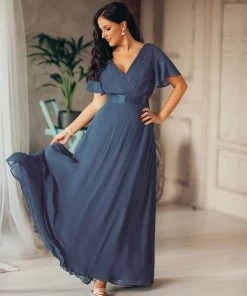 Ever-Pretty US Long Chiffon Empire Waist Bridesmaid Dress With Short Flutter Sleeves Evening Dresses & Gowns