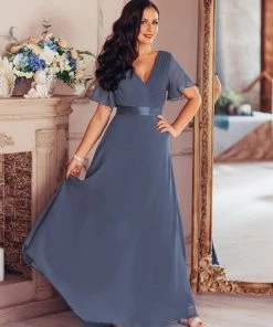Ever-Pretty US Long Chiffon Empire Waist Bridesmaid Dress With Short Flutter Sleeves Evening Dresses & Gowns