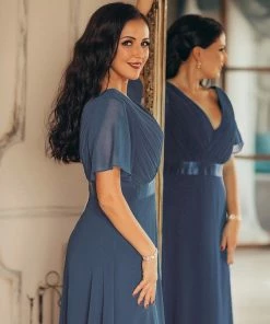 Ever-Pretty US Long Chiffon Empire Waist Bridesmaid Dress With Short Flutter Sleeves Evening Dresses & Gowns