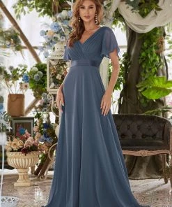 Ever-Pretty US Long Chiffon Empire Waist Bridesmaid Dress With Short Flutter Sleeves Evening Dresses & Gowns