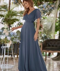 Ever-Pretty US Long Chiffon Empire Waist Bridesmaid Dress With Short Flutter Sleeves Evening Dresses & Gowns
