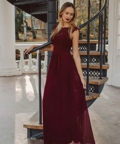 Ever-Pretty US SHOP BY OCCASION Elegant Maxi Long Lace Cap Sleeve Bridesmaid Dress