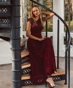 Ever-Pretty US SHOP BY OCCASION Elegant Maxi Long Lace Cap Sleeve Bridesmaid Dress