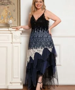 Ever-Pretty US Plus Size V Neck Asymmetrical Hems Prom Dresses