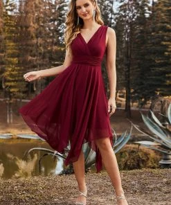 Ever-Pretty US Hot V Neck Ruched Asymmetrical Hems Midi Chiffon Bridesmaid Dress