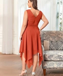 Ever-Pretty US Plus Size Double V Neck Ruched-Waist Midi Chiffon Bridesmaid Dress