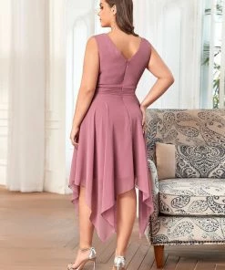 Ever-Pretty US Hot V Neck Ruched Asymmetrical Hems Midi Chiffon Bridesmaid Dress