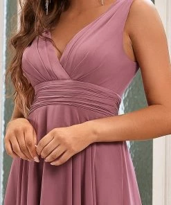 Ever-Pretty US Hot V Neck Ruched Asymmetrical Hems Midi Chiffon Bridesmaid Dress