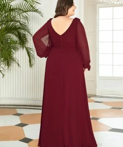 Ever-Pretty US SHOP BY OCCASION Plus Size Double V-Neck High Slit Long Sleeve Formal Dresses