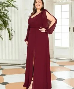 Ever-Pretty US SHOP BY OCCASION Plus Size Double V-Neck High Slit Long Sleeve Formal Dresses