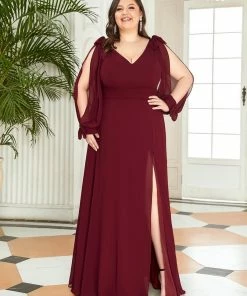 Ever-Pretty US SHOP BY OCCASION Plus Size Double V-Neck High Slit Long Sleeve Formal Dresses