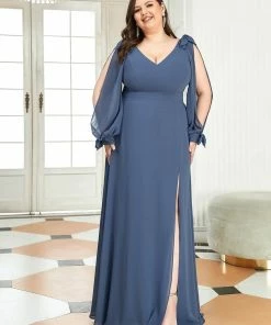 Ever-Pretty US SHOP BY OCCASION Plus Size Double V-Neck High Slit Long Sleeve Formal Dresses