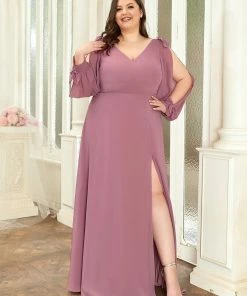 Ever-Pretty US SHOP BY OCCASION Plus Size Double V-Neck High Slit Long Sleeve Formal Dresses