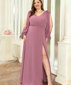 Ever-Pretty US SHOP BY OCCASION Plus Size Double V-Neck High Slit Long Sleeve Formal Dresses